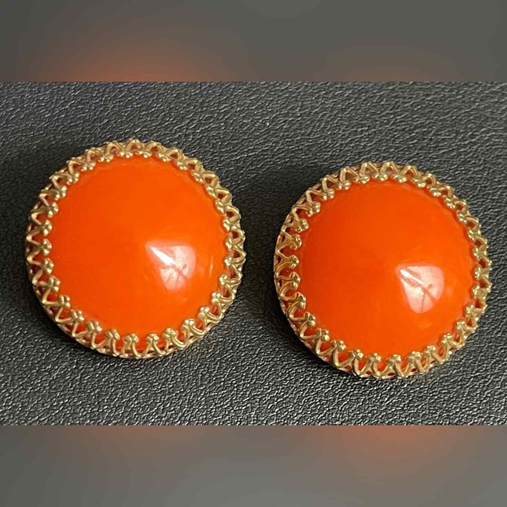 Vintage Bakelite Earrings Clip Ons Orange PAT PEND Prong